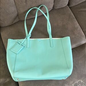 Kate Spade Teal Tiffany Blue Scalloped Edge Large Tote Bag Handbag Trendy Style